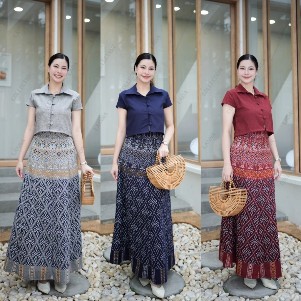 กระโปรงทรง8ชิ้นลายขอรอบเพชรV.2 ผ้าฝ้ายพิมพ์ลาย