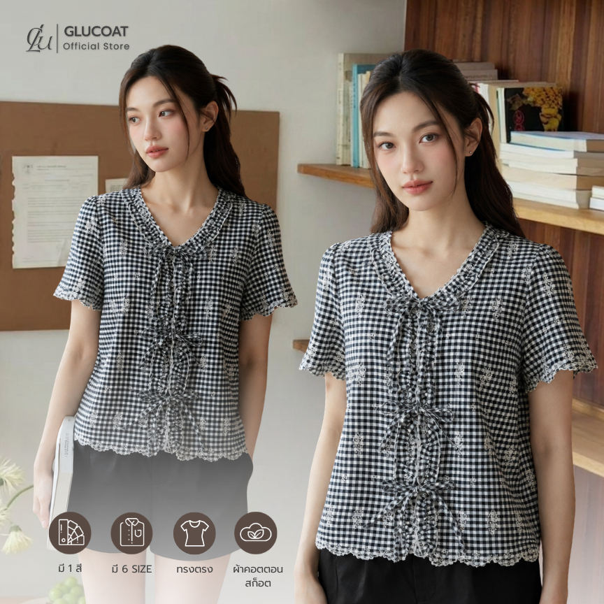 Glucoat | [A425] เสื้อแขนสั้นลายสก็อตสีดำ ปักลายฉลุ ด้านหน้าแต่งระบาย โบว์หน้าแต่ง ซิปหลังยาว
