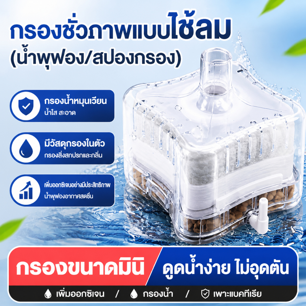 กรองฟองน้ำตู้ปลา กรองเหลี่ยมมินิ กรองชีวภาพใช้ลม ปั๊มลมตู้ปลา กรองน้ำตู้ปลา เพิ่มออกซิเจน บำบัดน้ำใส ถอดล้างง่าย กรองจิ๋