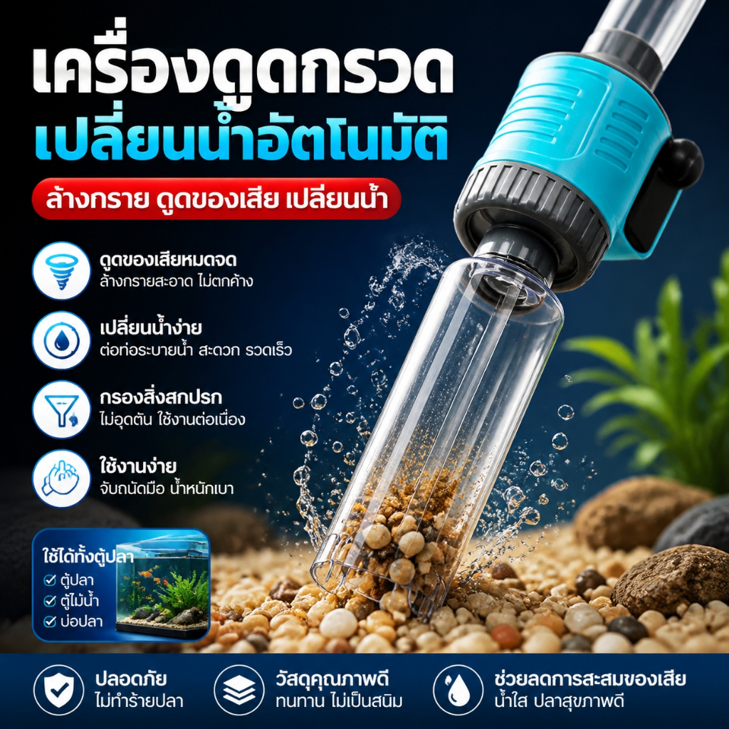 เครื่องดูดกรวดตู้ปลา ที่เปลี่ยนน้ำตู้ปลาอัตโนมัติ ล้างทราย ดูดขี้ปลา ดูดของเสีย อุปกรณ์ตู้ปลา ทำความสะอาดตู้ปลา