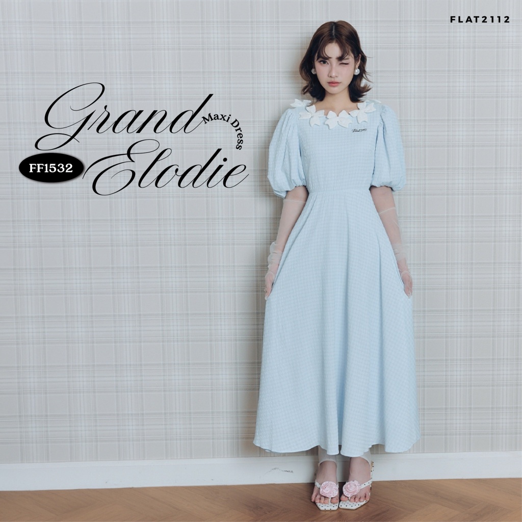 FLAT2112 : GRAND ELODIE MAXI DRESS เดรสยาวสีฟ้าอ่อน เดรสคอดอกไม้ เดรสสไตล์เกาหลีเรียบหรู เดรสผ้าพริ้วมินิมอล (FF1532)