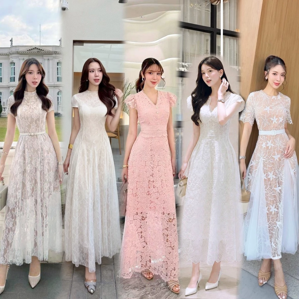 S-XXL ชุดเดรสสีขาว,ชมพู,ครีม ใส่ออกงาน ไปงานแต่ง งานบุญ งานบวช พรีเวดวิ้ง #Abigail