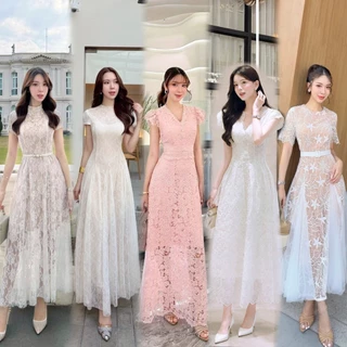 S-XXL ชุดเดรสสีขาว,ชมพู,ครีม ใส่ออกงาน ไปงานแต่ง งานบุญ งานบวช พรีเวดวิ้ง #Abigail