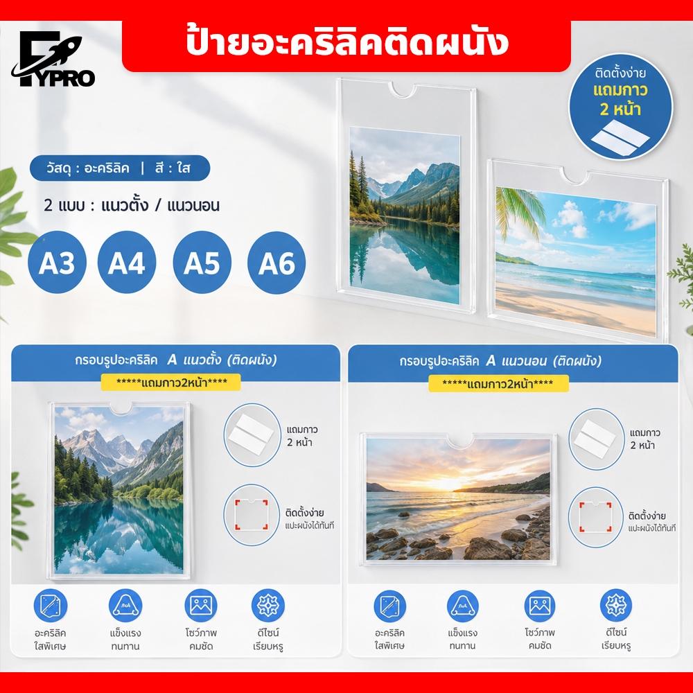 FYP ป้ายอะคริลิค ติดผนัง สำหรับใส่เอกสาร โบรชัวร์ การ์ด ป้ายพลาสติก ขนาด A3-A6 มีหลายขนาดให้เลือก