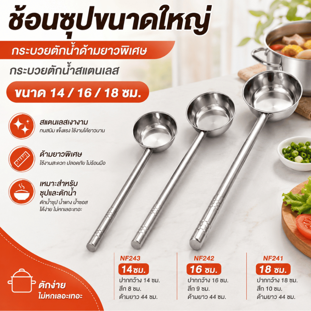 กระบวยตักน้ำด้ามยาวพิเศษ กระบวยตักน้ำสแตนเลส ขนาด14/16/18 cm ที่ตักน้ำซุป กระบวยโจ๊ก ช้อนซุปขนาดใหญ่ ใช้กับเตาไฟฟ้าได้