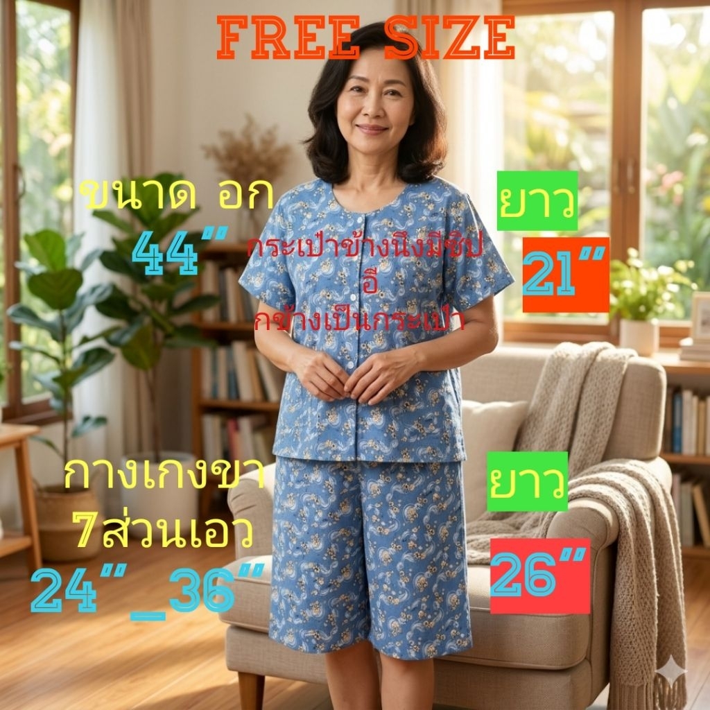#09(Free Size)ชุดคอกระเช้า มีแขน ผ่าหน้าลายดอก เสื้อคนแก่(เสื้อ+กางเกง)ขนาด อก=44",ยาว=21"กางเกงขา7ส่วนเอว=24_36"ยาว=26"