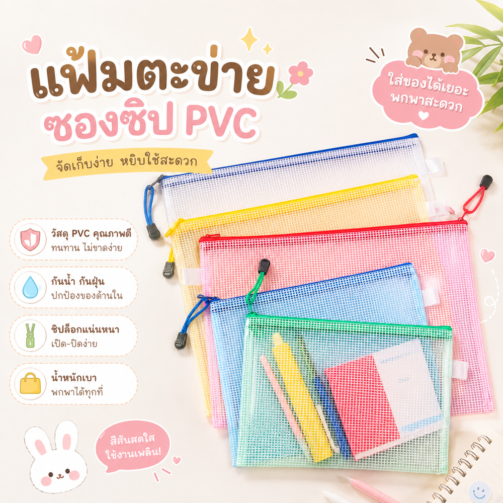 ส่งด่วน  แฟ้มตะข่าย ซองซิป pvc กระเป๋าใส่ของ ขนาด A6/A4 ใส่เอกสาร เก็บสินสอปากกา