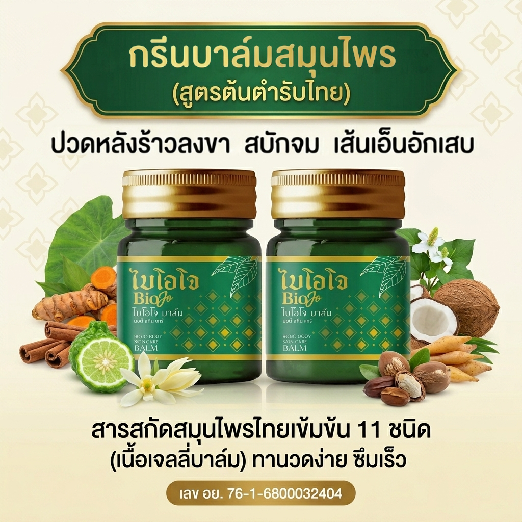 BIOJO (ไบโอโจ) บาล์มนวดสมุนไพร ไบโอโจ ( 1 แถม 1 ) บรรเทาอาการปวด ลดบวม อักเสบ รองช้ำ นิ้วล็อค มือชา