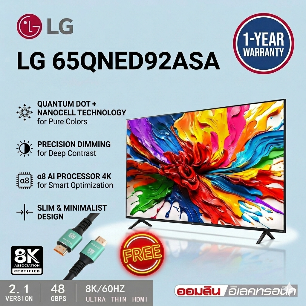 LG 65 QNED evo AI QNED92 MiniLED 4K ขนาด 65 นิ้ว 65QNED92ASA FREE รีโมทเมจิก สาย HDMI V.2.1