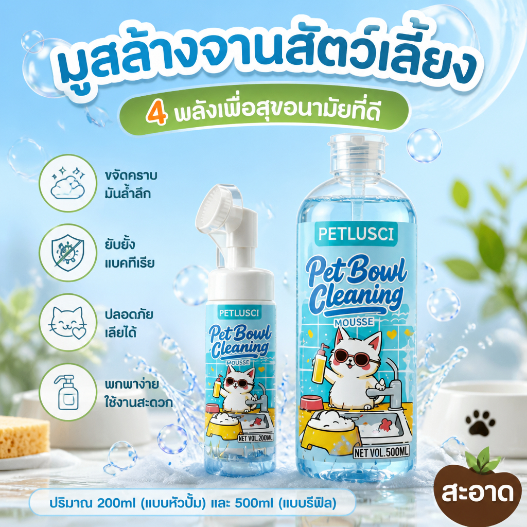 [พร้อมส่ง] น้ำยาล้างจานสำหรับสัตว์เลี้ยง มูสล้างจานสัตว์เลี้ยง ปลอดภัย อ่อนโยน ไม่มี SLS ไร้สารตกค้าง ขจัดคราบมัน เอนไซม