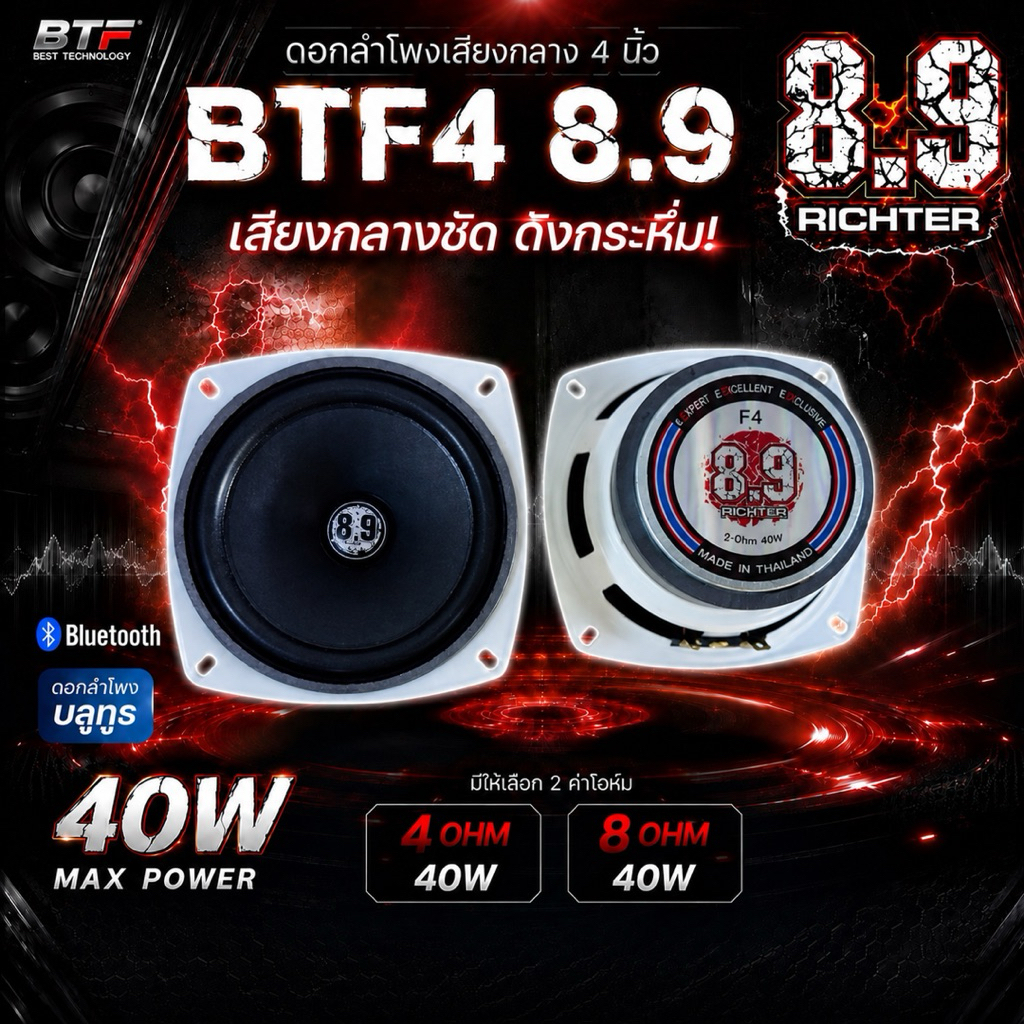 ดอกลำโพงเสียงกลาง 4 นิ้ว 4 โอม และ 4 นิ้ว 8 โอม 40 W  BTF4 8.9 ริกเตอร์ ดอกลำโพงบลูทูธ