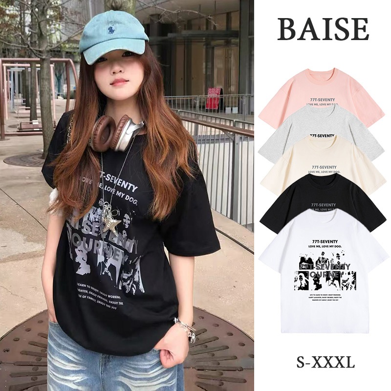 BAISE T-shirt จัดส่งจากไทย🔥เสื้อยืดแขนสั้นผู้หญิง เสื้อยืดคอกลมเสื้อยืดพิมพ์ลายย้อนยุคอเมริกัน ทรงหลวม ไซส์ใหญ่ 5 สS-3XL