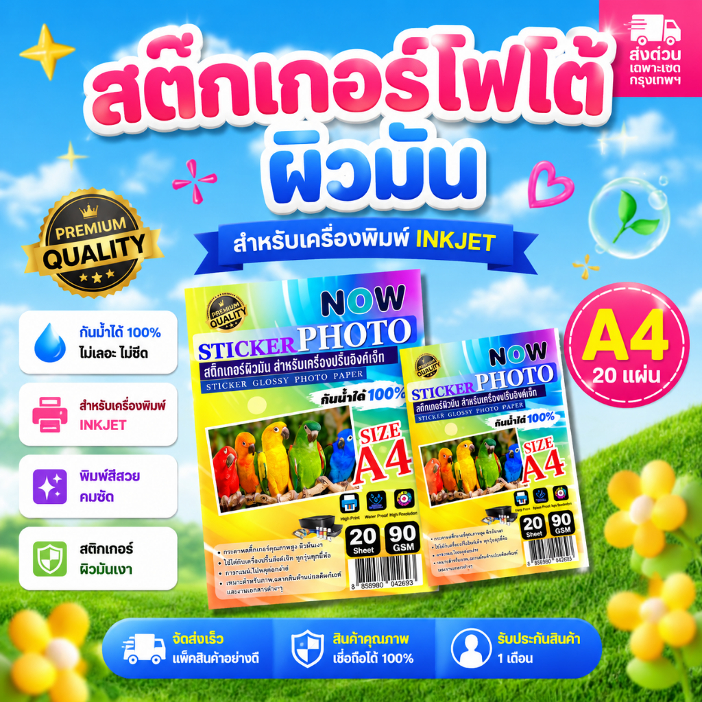 {ส่งด่วน} สติ๊กเกอร์ โฟโต้ A4 ผิวมันเงา (20 แผ่น) สำหรับเครื่องปริ้น inkjet ทุกรุ่น กันน้ำได้