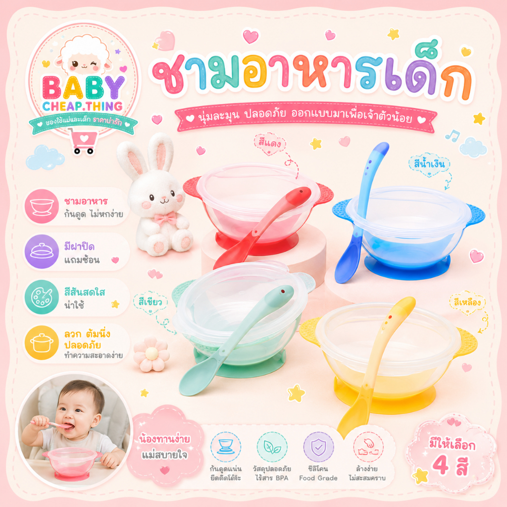 ชามสำหรับเด็ก (Ab34) - ชามข้าวเด็ก มีช้อนและฝาปิด