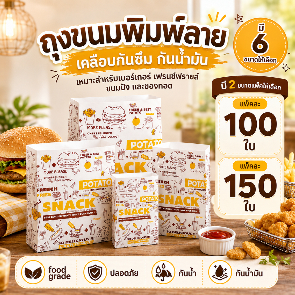 (แพค150ใบ) ถุงกระดาษกันน้ำมัน พิมพ์ลาย ใส่ของทอด ไก่ทอด แฮมเบอร์เกอร์ เฟรนช์ฟราย ซองกระดาษใส่อาหาร