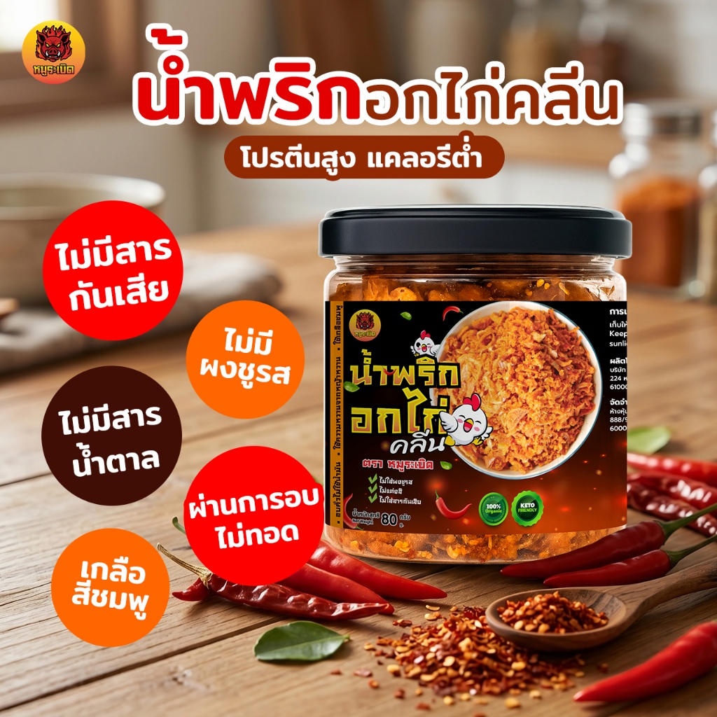 น้ำพริกอกไก่ น้ำพริก คลีน&คีโต เนื้อไก่แน่นๆ ไม่มีน้ำมัน ไม่มีน้ำตาล ไม่ใส่ผงชูรส