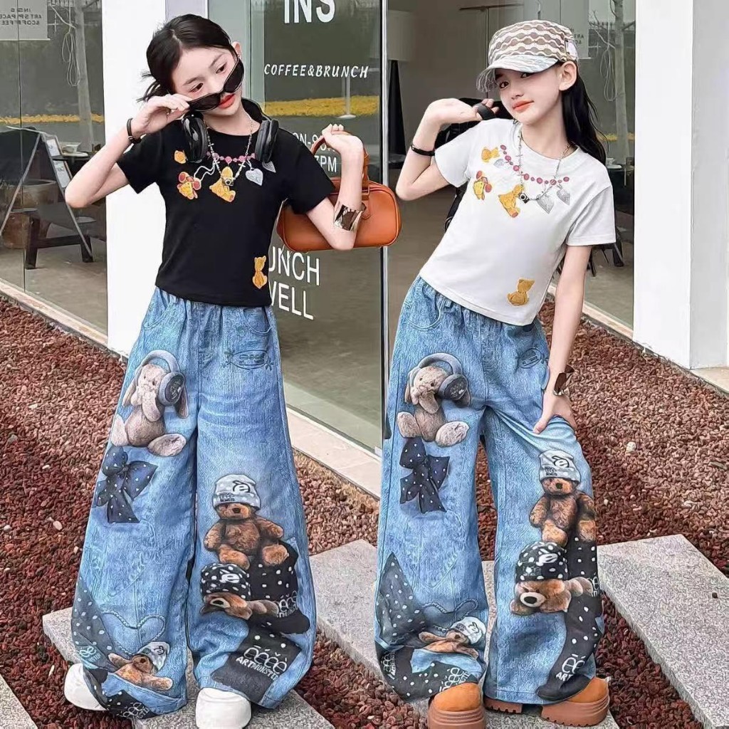 BB287 ชุดเด็กผู้หญิงแฟชั่น เสื้อยืดลายการ์ตูน + กางเกงยีนส์ลายหมี