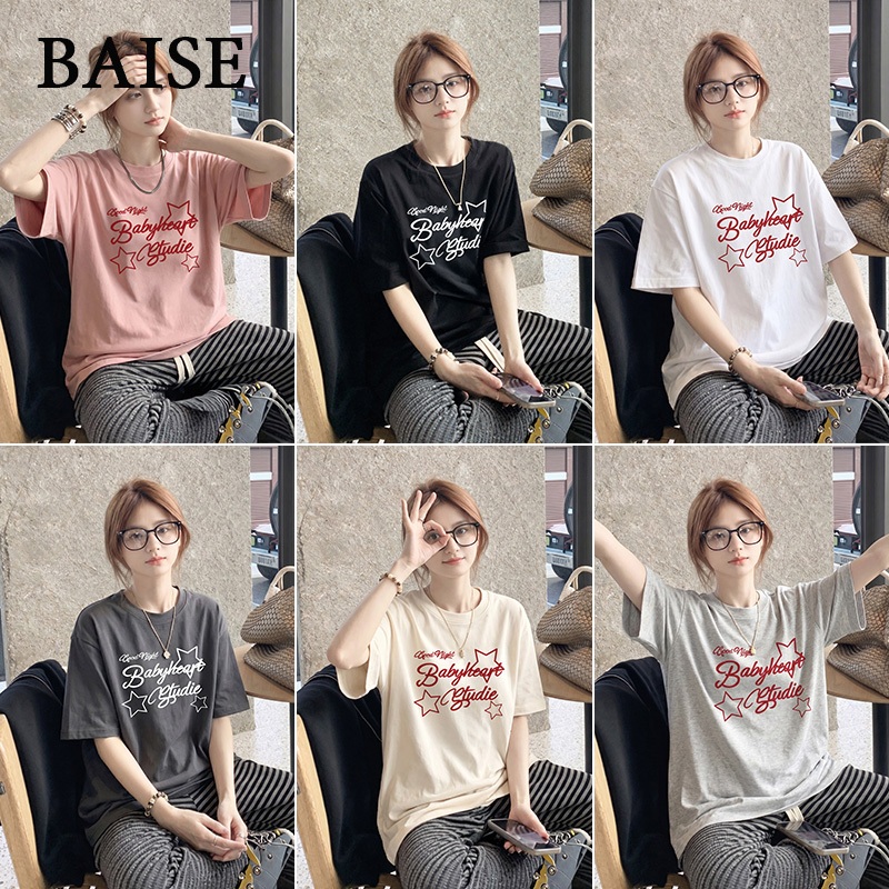 【BAISE T-shirt】จัดส่งจากไทย💖เสื้อยืดแขนสั้นผู้หญิง คอกลม ทรงหลวม เสื้อยืดลายพิมพ์ Oversize เนื้อผ้านุ่ม สวมใส่สบาย S-3XL