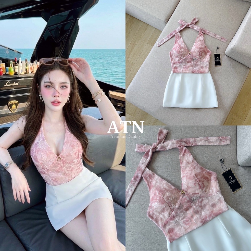 ATN ชุดset2ชิ้น เสื้อคล้องคอผ้าลูกไม้ปักดอก3D