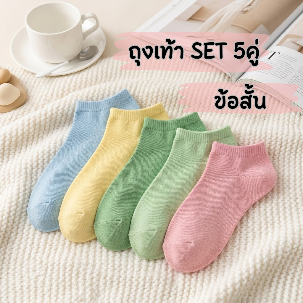 ถุงเท้าข้อสั้น (เซ็ท5คู่) ลายน่ารัก สีสดใส ผ้าฝ้าย นุ่มใส่สบาย