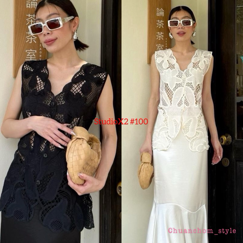 🔖StudioX2 #100 LACE SLEEVELESS TOP เสื้อแขนกุดลูกไม้ทอนูน คอวี กระดุมหน้า มีเชือกปรับผูกหลัง