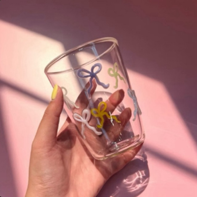 Colored Bow Glass แก้วโบว์(ขอบแก้วชมพู) -พร้อมส่งจากไทย-