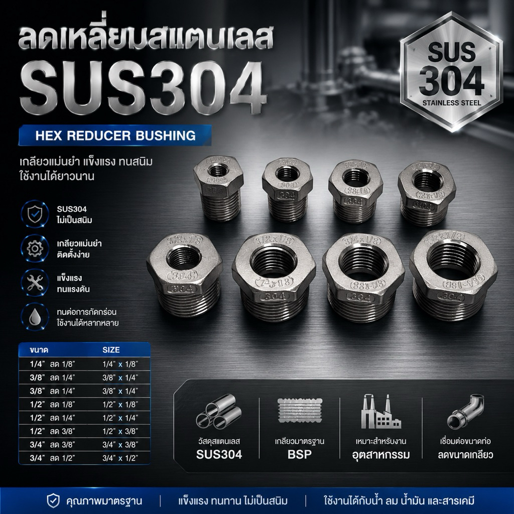 ลดเหลี่ยมสแตนเลส 3/8"*1/4 , 1/2"*1/4" , 1/2"*3/8 , 3/4"*1/2"