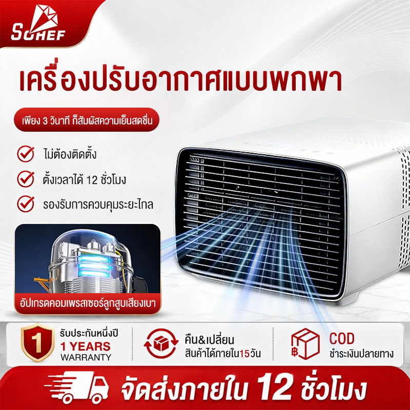 Sohef แอร์รถยนต์พกพา เครื่องปรับอากาศรถ 220V ไม่ต้องติดตั้ง เย็นเร็ว 3วินาที เสียงเงียบ45dB ประหยัดไฟ
