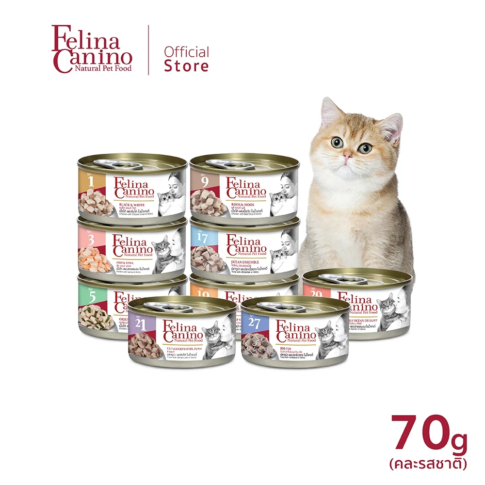 Felina Canino (สำหรับน้องแมว) ไม่เติมเกลือ ไม่ใส่วัตถุกันเสีย ( ขนาด 70 กรัม / 1 กระป๋อง ) (สามารถเลือกรสชาติได้)
