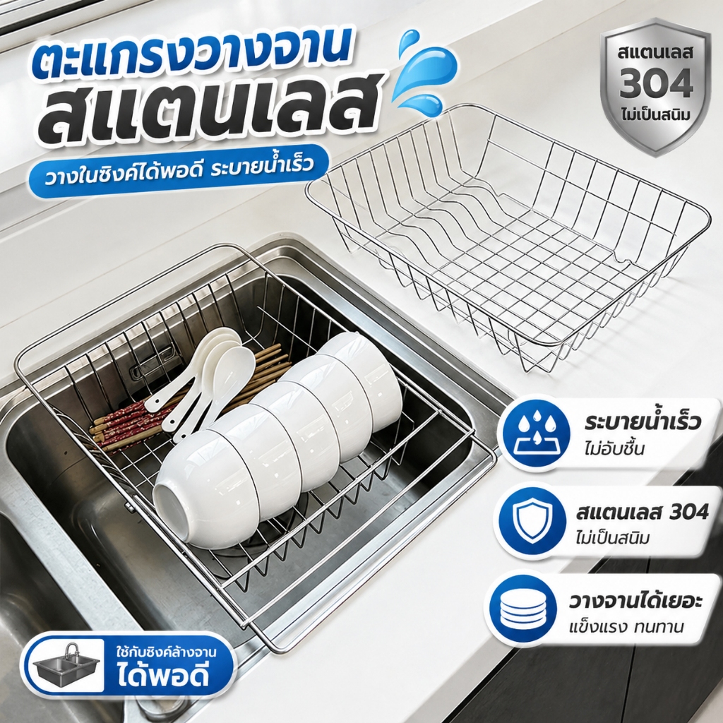 ชั้นวางจานสแตนเลสแบบยืดได้ ที่คว่ำจานในอ่างล้างจาน ปรับขนาดได้ ระบายน้ำดี แข็งแรง ทนทาน