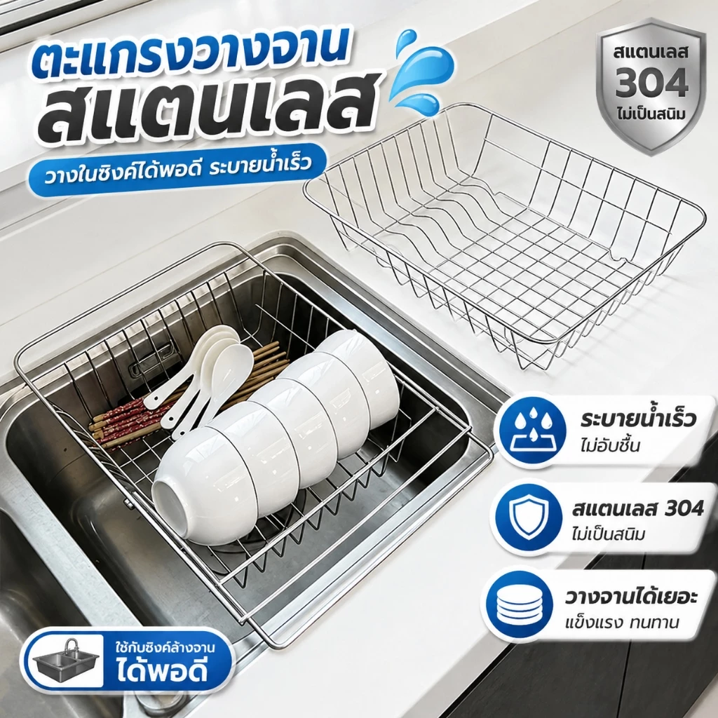 ชั้นวางจานสแตนเลสแบบยืดได้ ที่คว่ำจานในอ่างล้างจาน ปรับขนาดได้ ระบายน้ำดี แข็งแรง ทนทาน