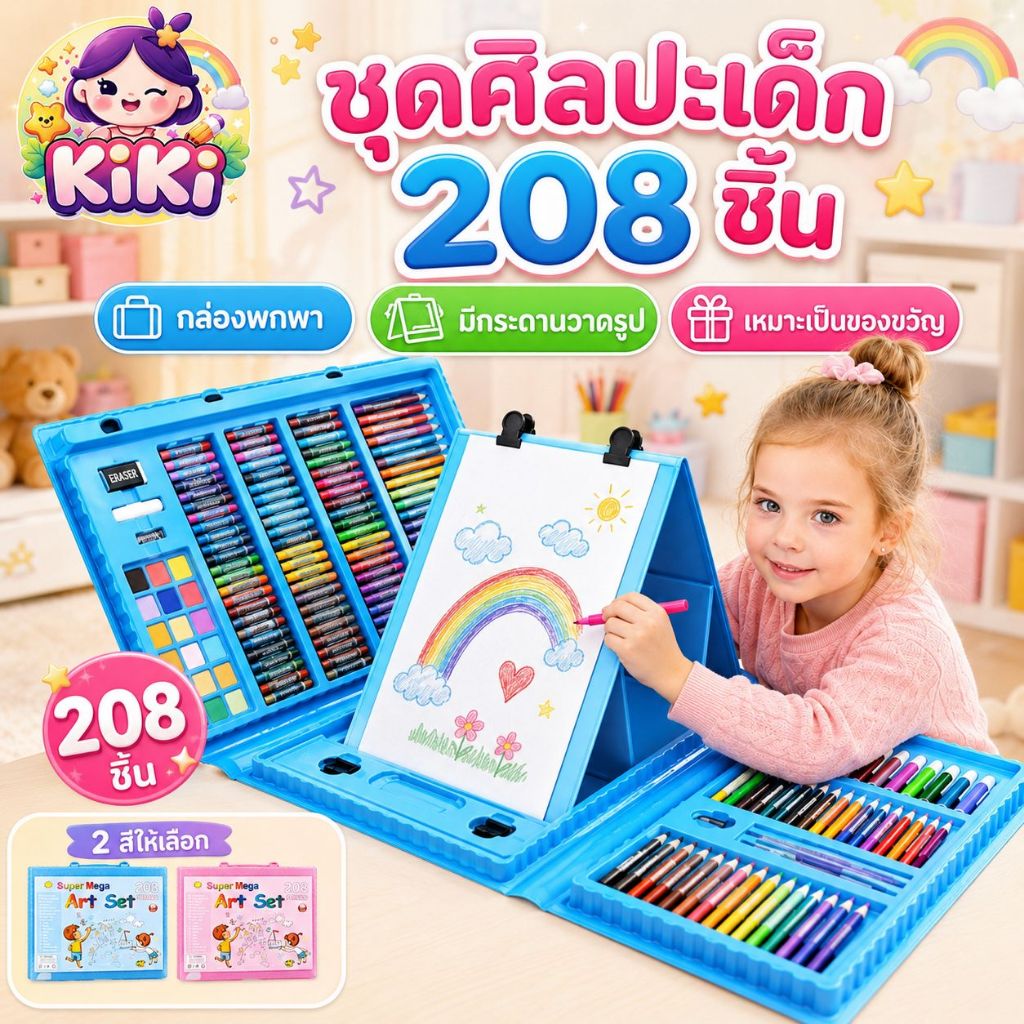 KiKi ชุดศิลปะเด็ก 208 ชิ้น ชุดสีเทียน กล่องวาดรูปพกพา พร้อมกระดานวาดรูป อุปกรณ์ระบายสีเด็ก ของขวัญนักเรียน