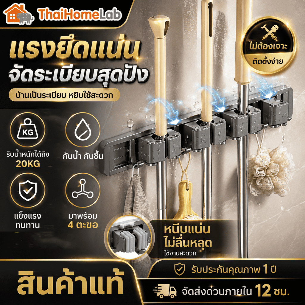 ติดผนัง ที่หนีบไม้ถูพื้น ที่แขวนไม้ถูพื้น ที่หนีบไม้กวาด ที่หนีบไม้กวาด ไม่ต้องเจาะ แข็งแรงทนทาน ที่หนีบอเนกประสงค์