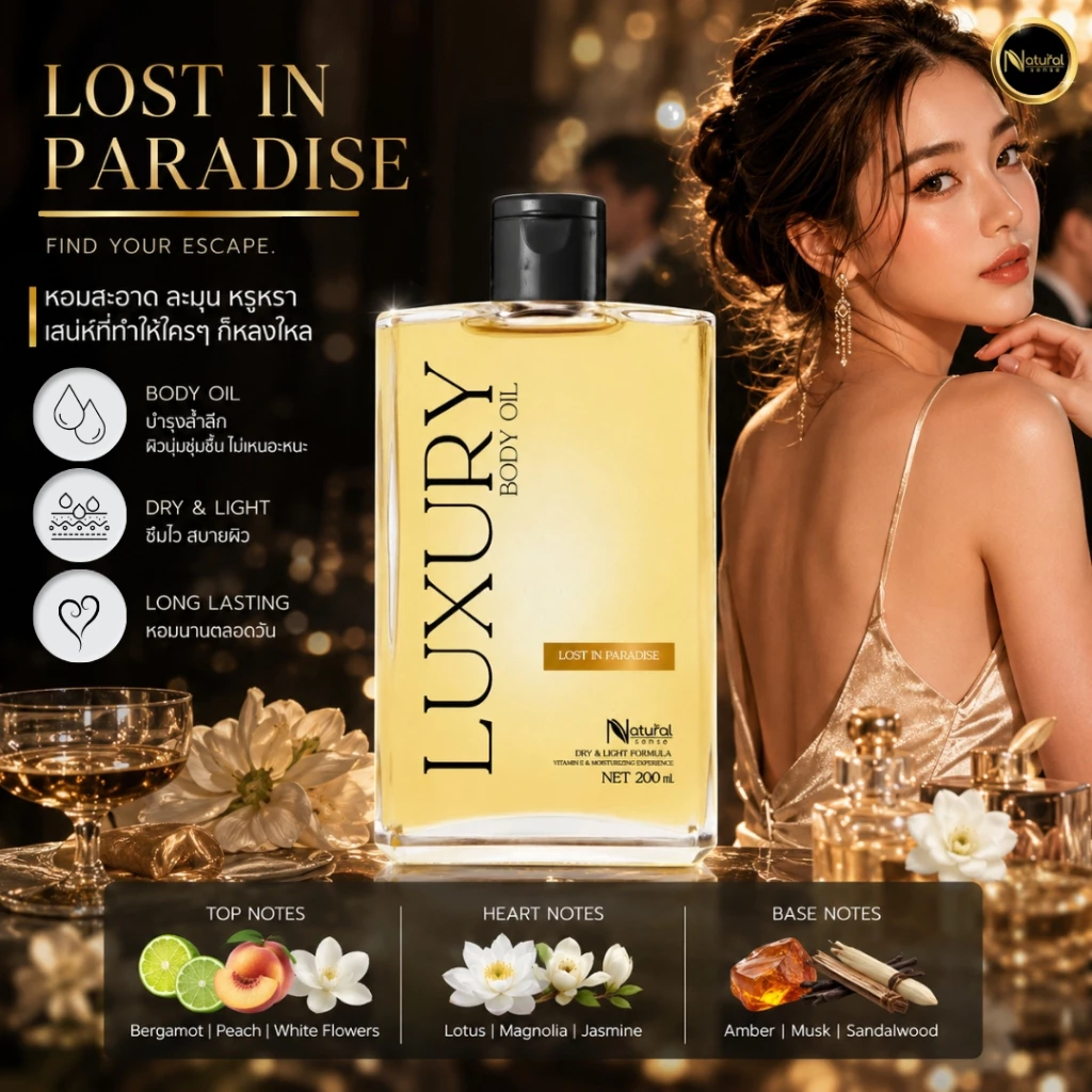 Luxury Body Oil ออยล์บำรุงผิวซึมไว วิตามินอีเข้มข้น บำรุงผิว กลิ่นหอมติดผิว (100ml/200ml) thumbnail 8