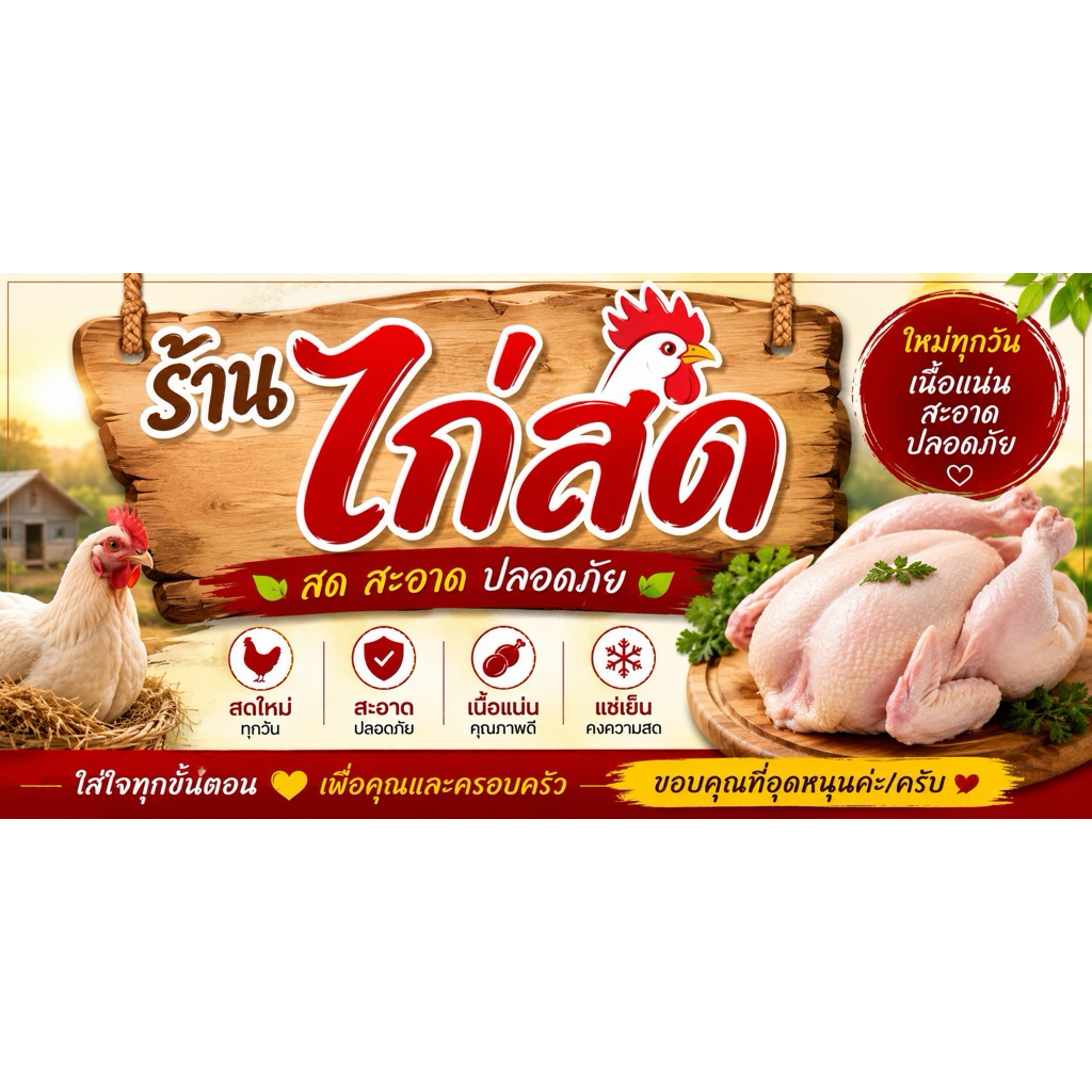 ป้ายไวนิล “ร้านไก่สด”ขนาด 120*60เซนติเมตร (ขนาดอื่นแจ้งได้นะคะ)