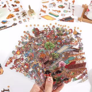 สติกเกอร์ฉากจิ๋ว 3D ลายม้วนภาพจีน พร้อมเส้นช่วยจัดวาง สำหรับสมุดบันทึก งานประดิษฐ์ DIY และตกแต่งบ้านจิ๋ว