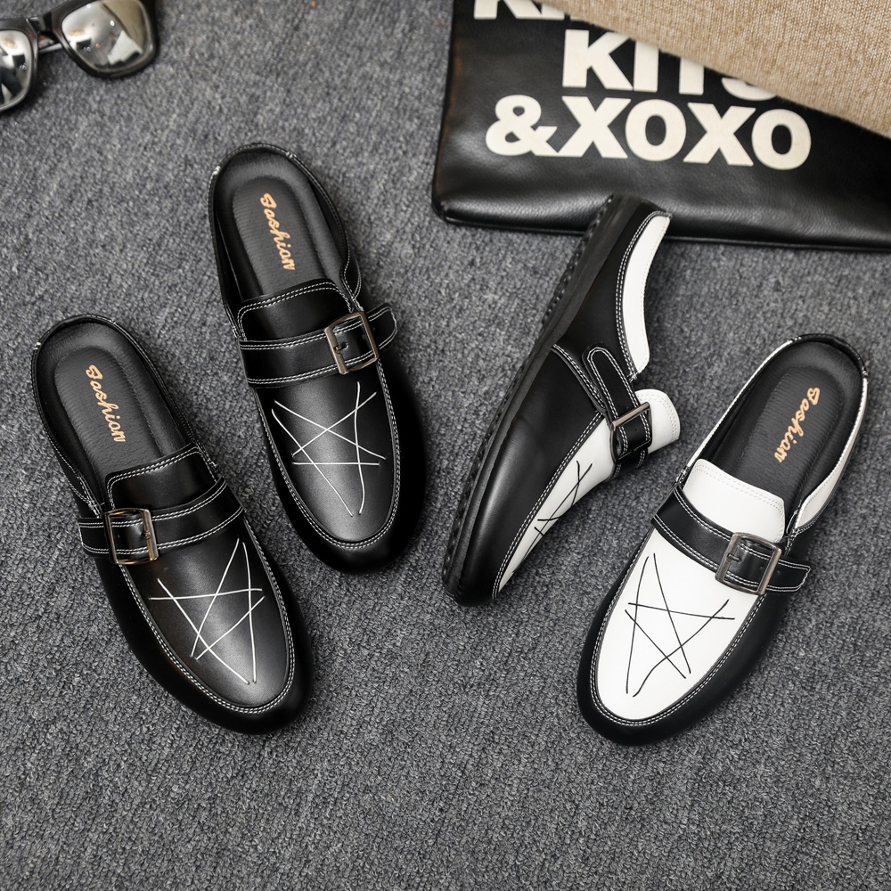 รองเท้า Loafers ผู้ชายสีดำ Slip-On Casual Mules#D96