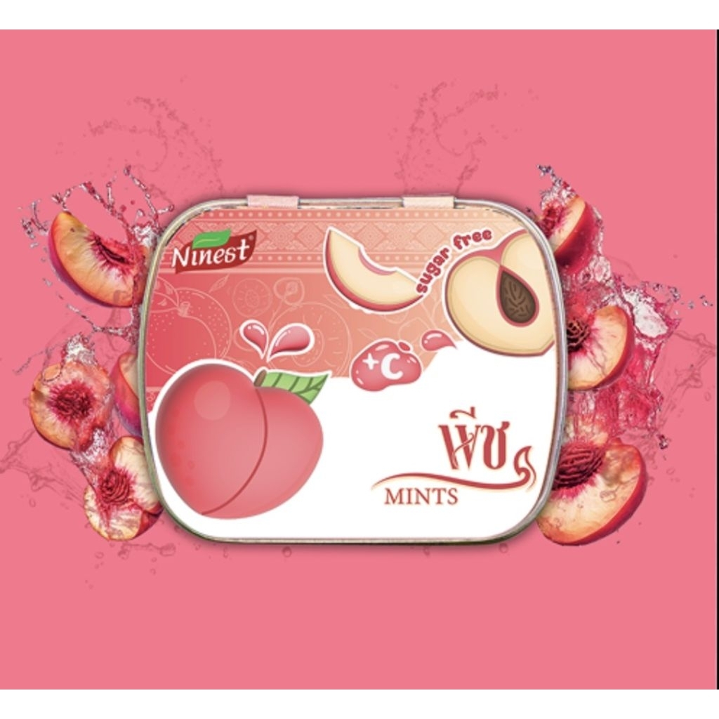 (New⭐️)ลูกอมมิ้นต์กลิ่นพีช Ninest Mints Vit-C บรรจุในกล่องเหล็กขนาดพกพา. น้ำหนัก 14 กรัม