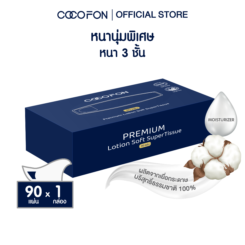 COCOFON กระดาษเช็ดหน้า เด็กทารก หนา3ชั้น 90แผ่น x 1กล่อง โลชั่น ทิชชู่ โคโคฝน Lotion Tissue Pack1