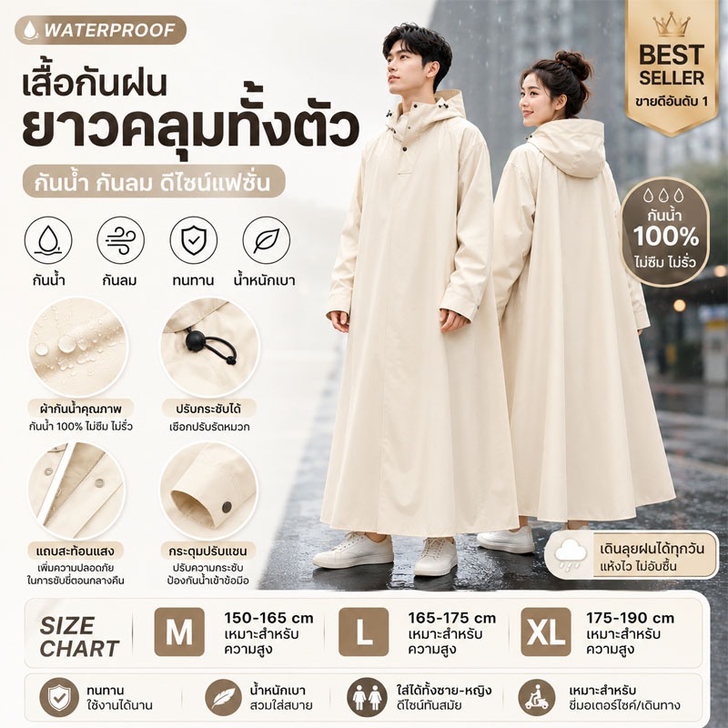 เสื้อกันฝนยาว กันน้ำ100% แบบคลุมทั้งตัว ผู้หญิงผู้ชาย ขี่มอเตอร์ไซค์ กันลม ผ้าคุณภาพดี