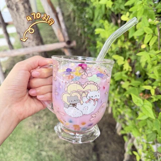 แก้วหูจับลายการ์ตูนน่ารัก พร้อมหลอด แมวสีชมพู แก้วน้ำความจุขนาดใหญ่ 470 มล แก้วเครื่องดื่ม แก้วชานม พร้อมส่ง