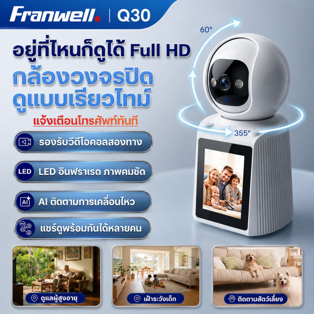 Franwell Q30 กล้องสไตล์วิดีโอ WIFI CCTV 5MP คุยแบบเห็นหน้าได้ผ่านแอพ หมุน 360° กันขโมย AI วิดีโอคอล 2ทาง ดูแลลูก/ผู้สูง