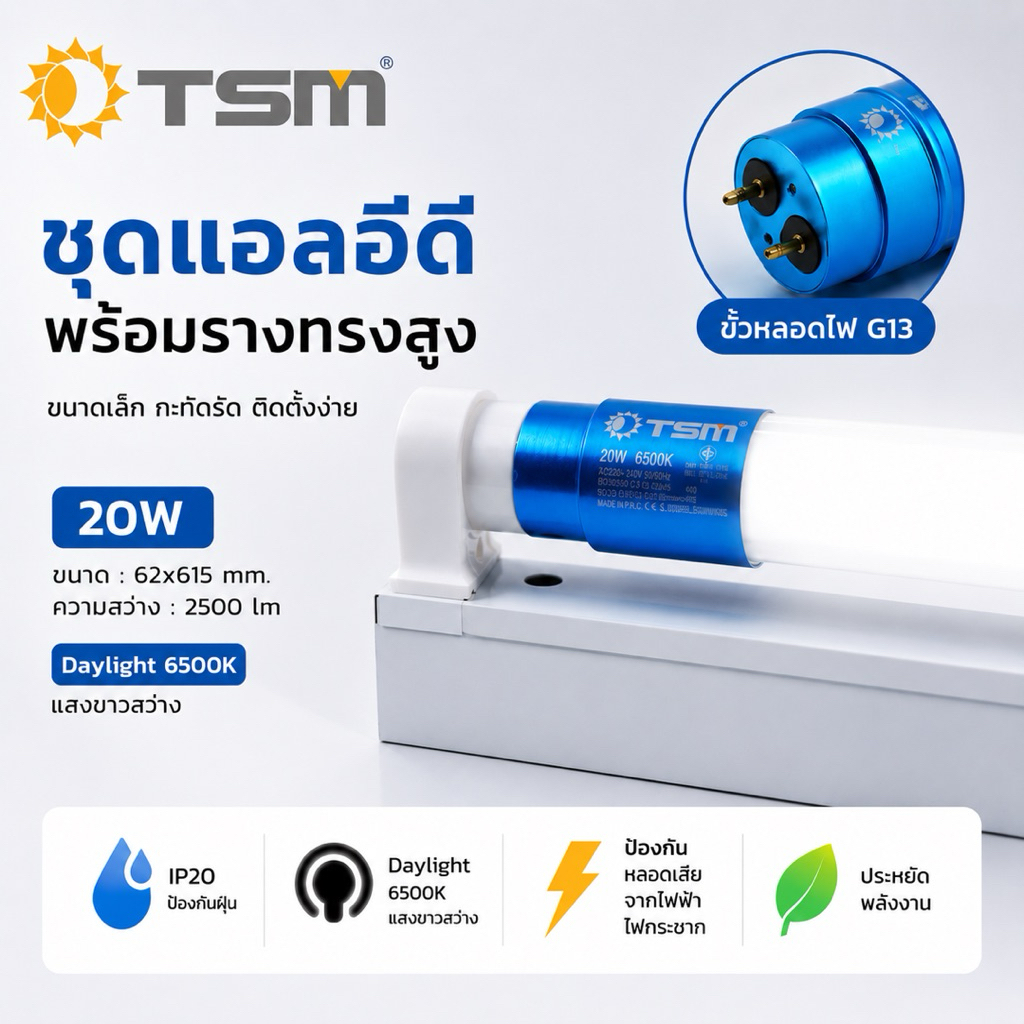 หลอดไฟ LED T8 20W พร้อมขารางบิดล็อค หลอดไฟ 60cm แสงสีขาว หลอดไฟ รางไฟ ขาบิดล็อค TSM-2004L TSM-2003L