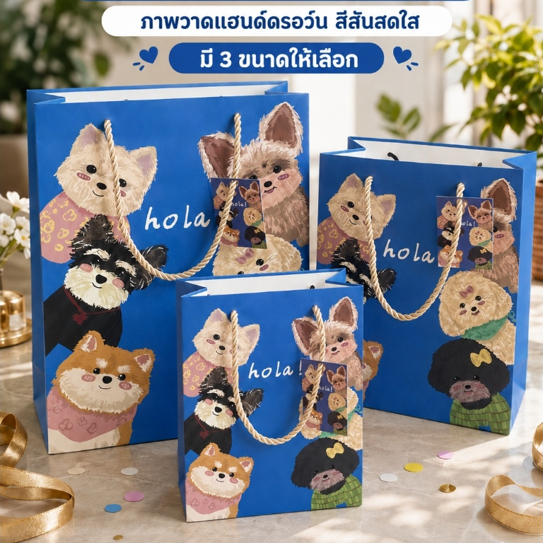 ถุงของขวัญลายสุนัขน่ารัก 3ขนาด กระดาษหนาพิเศษ หูเชือกแข็งแรง ใส่ของขวัญ วันเกิด ขนม ของเล่น ปาร์ตี้สัตว์เลี้ยง