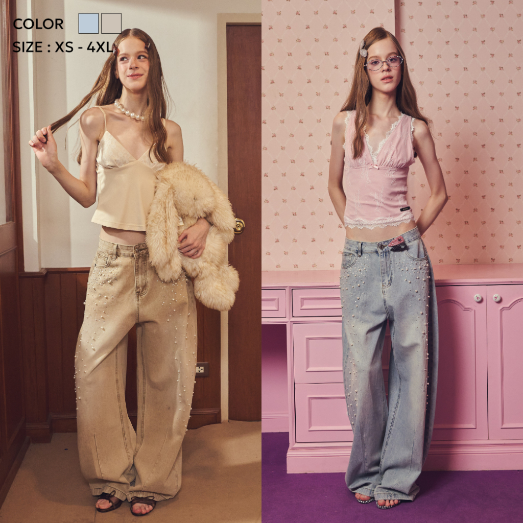 Bemingjeans100(XS-4XL)BMG Soji Jeans - กางเกงยีนส์ทรง baggy straight ดีเทลปักเพชรผสมปักมุกไล่ทั้งตัวกางเกง