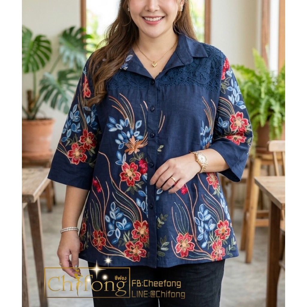 เสื้อลินินผสมผ้าฝ้าย เสื้อผู้ใหญ่ ดีไซน์สวยปักดอกไม้