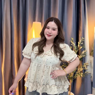 Dottie Blouse (ง64) เสื้อสาวอวบพลัสไซส์ ผ้าพริ้วลายจุด คอผูกโบว์ พรางหุ่น อก38-54 นิ้ว