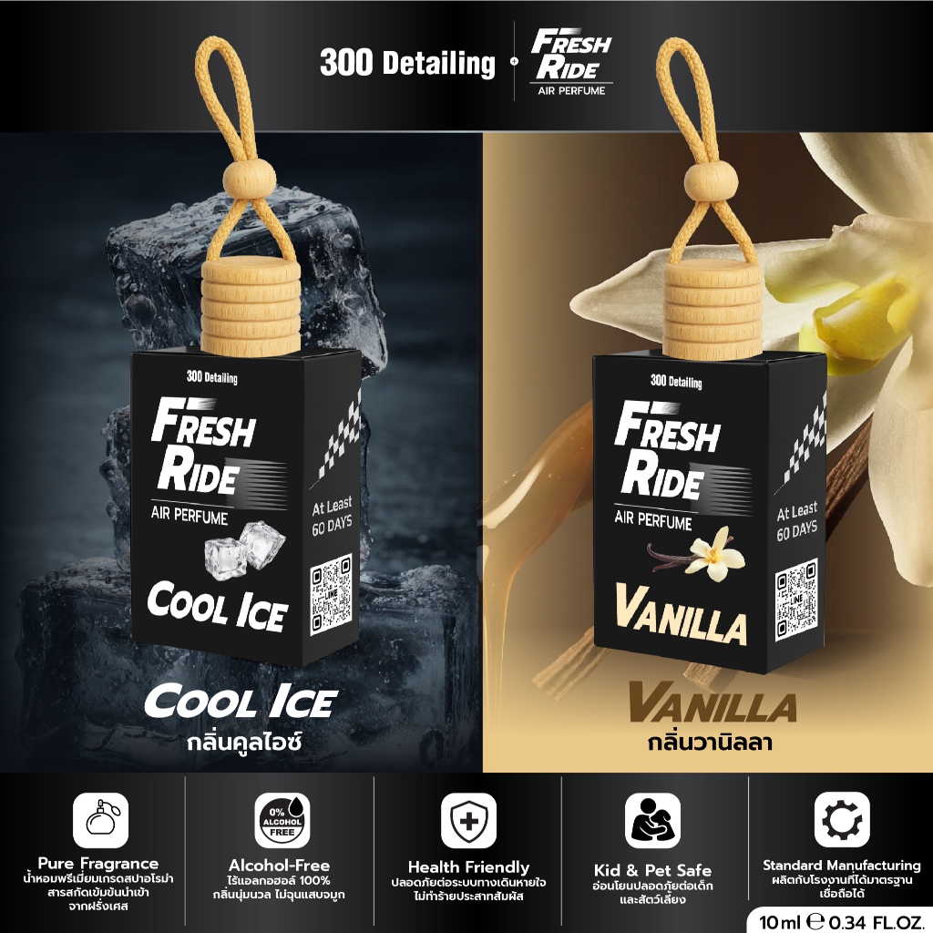 [SET 2 ชิ้น] คูลไอซ์+วนิลา น้ำหอมรถยนต์ 10ML หอมนาน 45-60 วัน FreshRide 300_Detailing ขวดแก้วฝาไม้