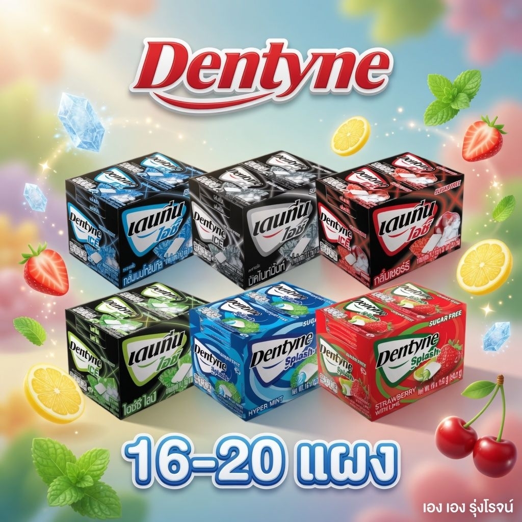 Dentyne เดนทีน สแปลช หมากฝรั่ง ชูการ์ฟรี รสสตรอเบอรี่ รสมะนาว 16แผง-20แผง