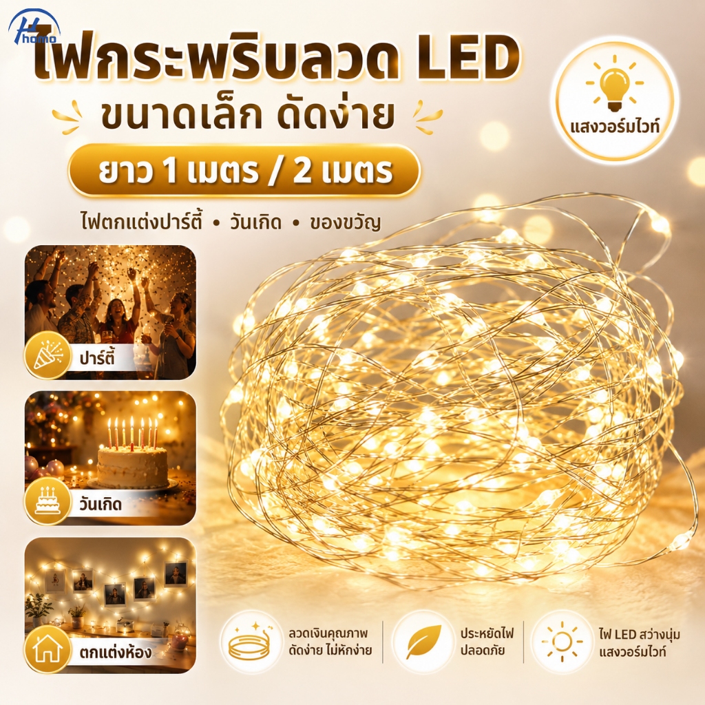 ไฟกระพริบลวด LED แสงวอร์มไวท์ ยาว 1 เมตร / 2 เมตร ดัดง่าย ไฟตกแต่งห้อง ปาร์ตี้ วันเกิด ของขวัญ ไฟประดับตกแต่ง
